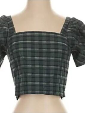 Madewell Green & Black Plaid Square-Neck Puff Sleeve Crop Top